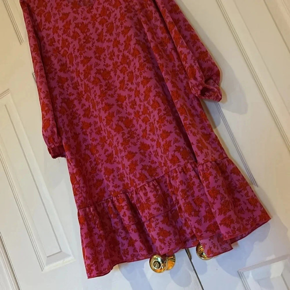 Dex light satin 3/4 puff sleeves V neck Floral Ruffled Hem midi dress Sz XL - Picture 8 of 17